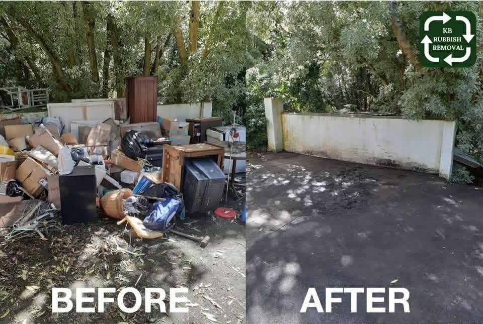 A driveway piled with unwanted furniture and household rubbish before Kevin's removal, and the same driveway cleared afterwards