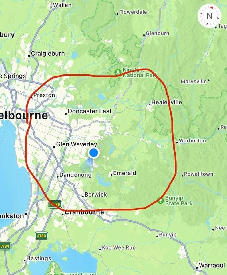 Kevin's service-area guide: the red outline covers eastern and south-eastern Melbourne, including Glen Waverley, Dandenong, Berwick, Emerald and Healesville
